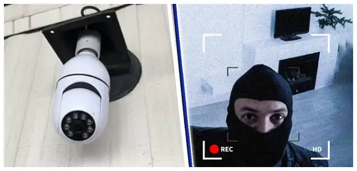 collage of Secure Lite Cam and a burglar invading a house